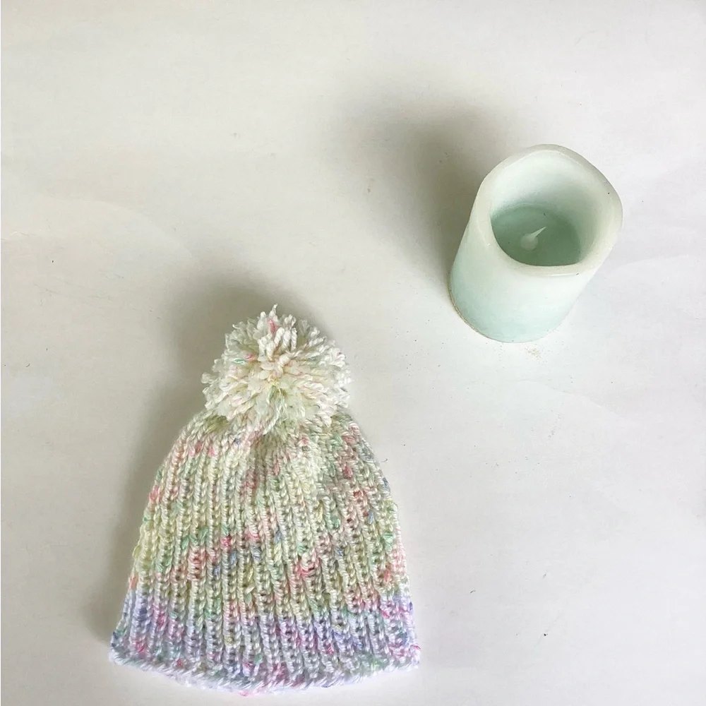 Baby Beanie Hat Hand Crafted Yellow White PomPom Knit
